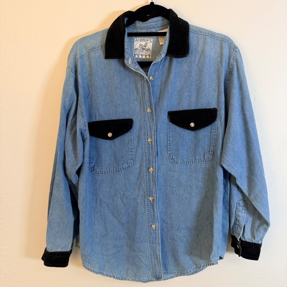 Vintage Womens MED‎ Denim Shirt Black Velvet Trim 80s/90s Dark Academia Country